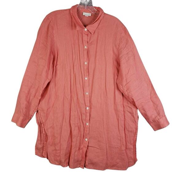 J. Jill Love Linen Shirt Top Coral Orange LS Size Large Petite LP Button Down - Picture 2 of 11